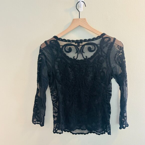 Express Embroidered Mesh Long Sleeve Blouse Womens Size XS Black Lace Sheer - Picture 4 of 10